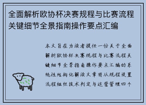 全面解析欧协杯决赛规程与比赛流程关键细节全景指南操作要点汇编