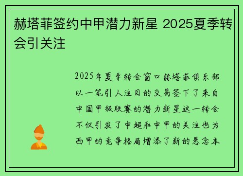 赫塔菲签约中甲潜力新星 2025夏季转会引关注